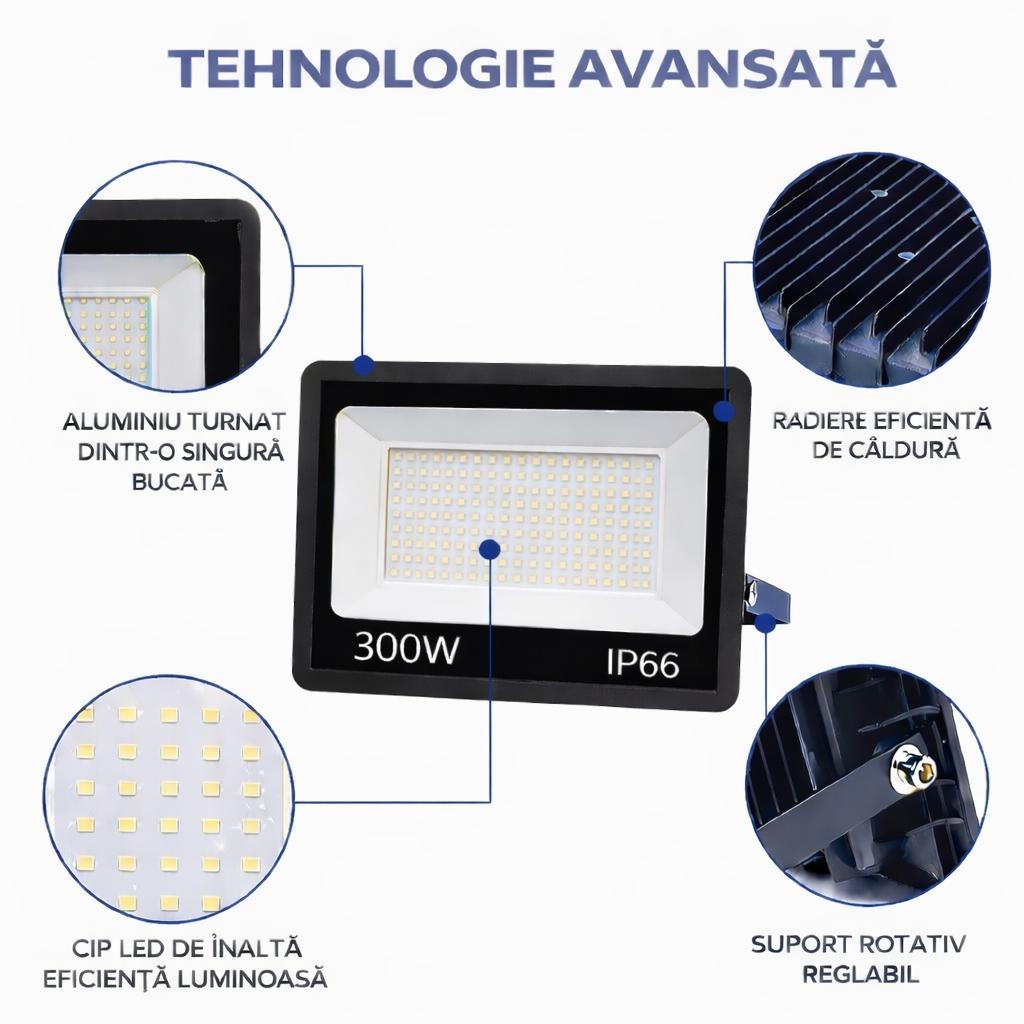 Proiector LED 300W Exterior, 168 LED-uri, Lumina Rece Intensa, Carcasa Aluminiu + Sticla, 15000 Lumeni, IP66 Rezistent la Apa si Praf, Alimentare 220V, Curte, Garaj, Parcare, Iluminare Profesionala