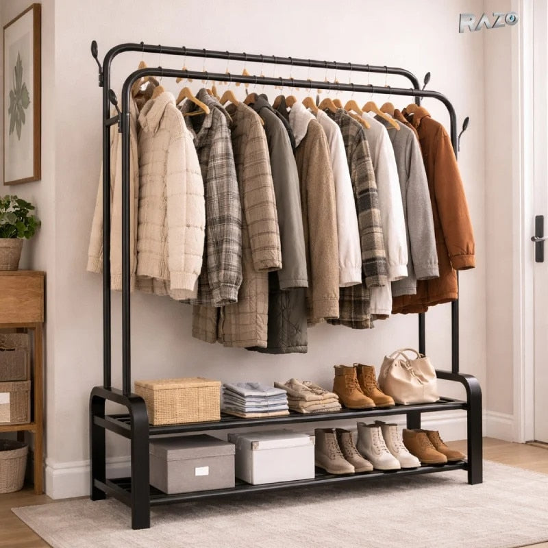 uport metalic dublu pentru haine RAZO, 2 bare, 2 rafturi, Capacitate 48 kg, 110x57x150 cm, Negru