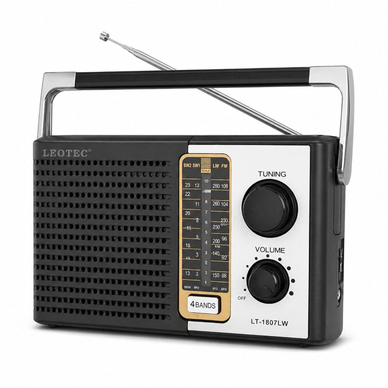 Radio Leotec LT 1807 LW, 4 benzi FM/LW/SW1/SW2, radio portabil cu baterii sau la priza, mufa casti, potrivit pentru seniori si casa, negru