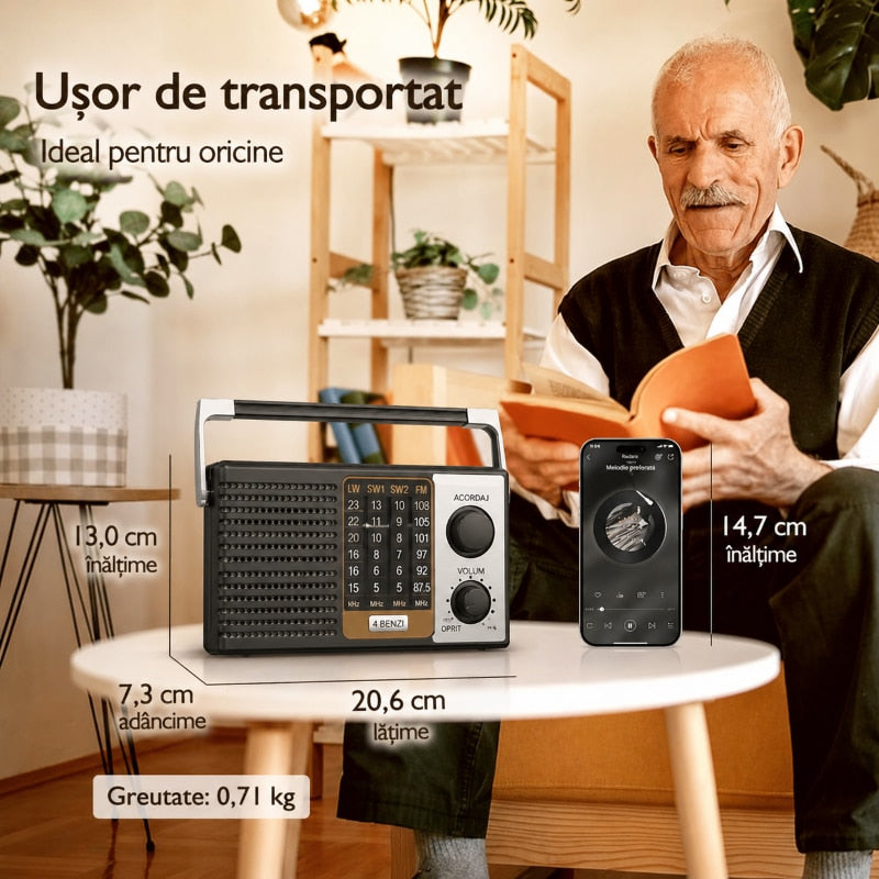 Radio Leotec LT 1807 LW, 4 benzi FM/LW/SW1/SW2, radio portabil cu baterii sau la priza, mufa casti, potrivit pentru seniori si casa, negru