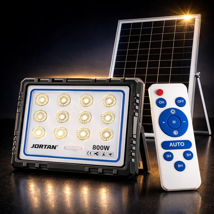 Proiector Solar LED JORTAN 800W Exterior, 12 LED-uri SMD, Lumina Alb Rece Puternica, IP66 Rezistent la Apa si Praf, Panou Solar Separat, Telecomanda, Autonomie Mare, Iluminare Curte, Gradina, Parcare, Drumuri, Spatii Comerciale