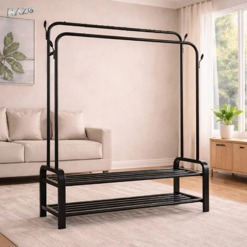 uport metalic dublu pentru haine RAZO, 2 bare, 2 rafturi, Capacitate 48 kg, 110x57x150 cm, Negru
