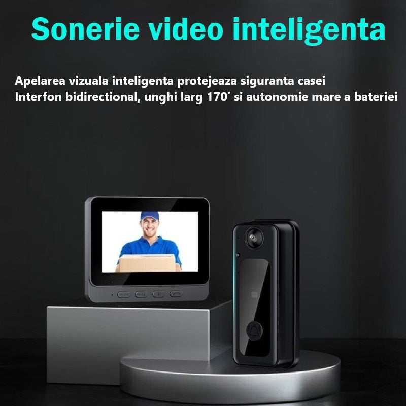 Sonerie video inteligenta bluetooth 72DESI, Ecran IPS 4.3 inch, Night Vision Infrarosu, Senzor IR, Interfon Video HD, 8MP, Comunicare bidirectionala, Unghi de vizualizare 170°, Baterii incorporate, Instalare usoara fara cabluri, Negru
