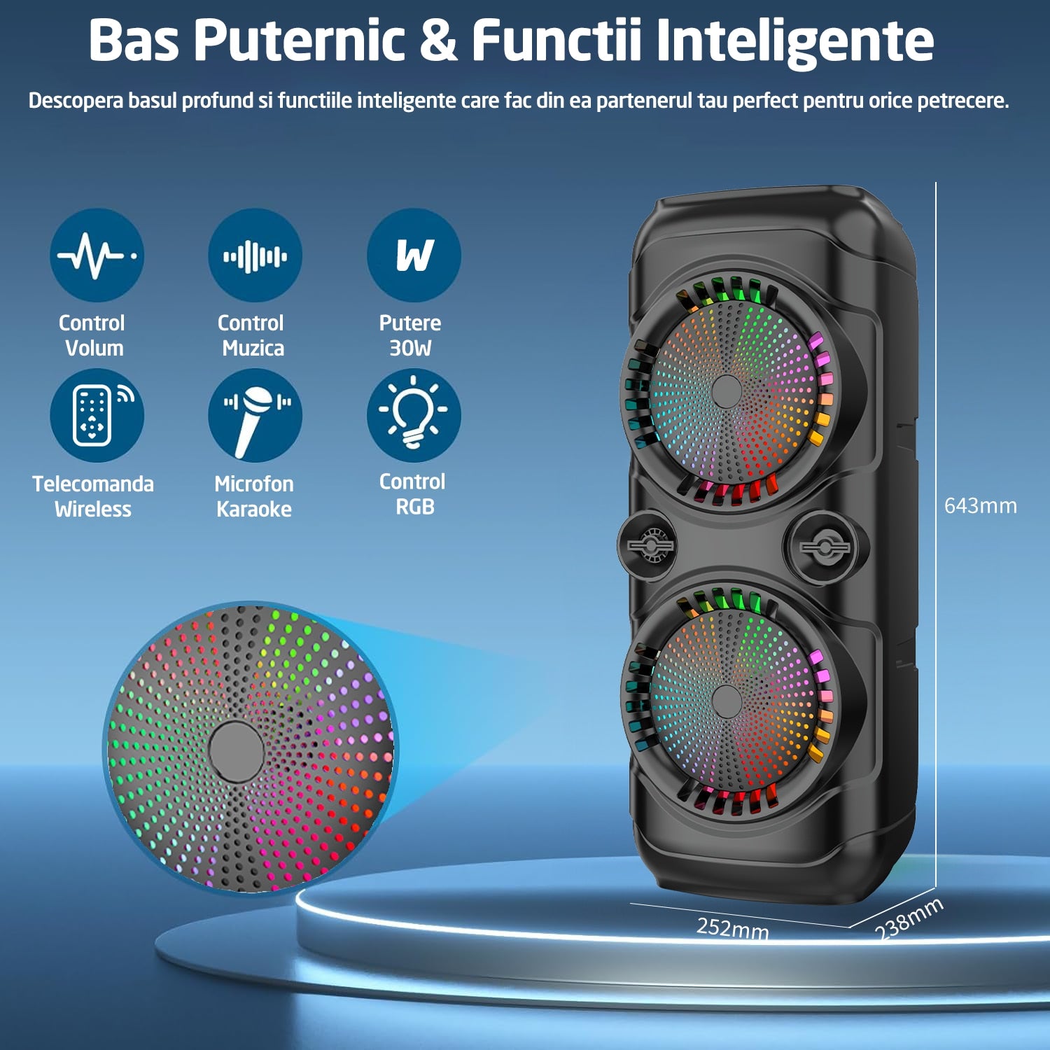 Boxa Portabila Tip Troler Runex®, Microfon, Telecomanda, Bluetooth 5.0, 30W, 2400mAh, Jocuri Lumini RGB, Conexiune USB, Auxiliar, Card SD, Radio FM, Doua Difuzoare 8 Inch