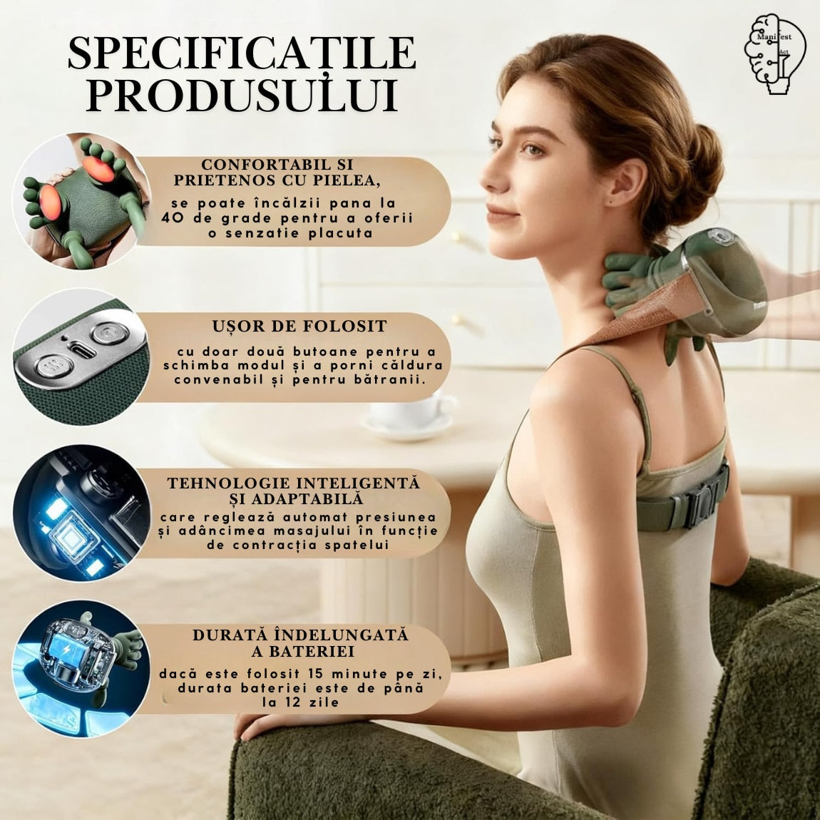 Aparat masaj cervical gat si umeri 4D cu incalzire, ManifestAct profesional, fara fir, masaj ce imita mana umana, 3 moduri, cu autonomie mare la baterie pentru relaxare si dureri musculare perfect pentru un cadou pentru cei dragi GARANTIE 5 ANI