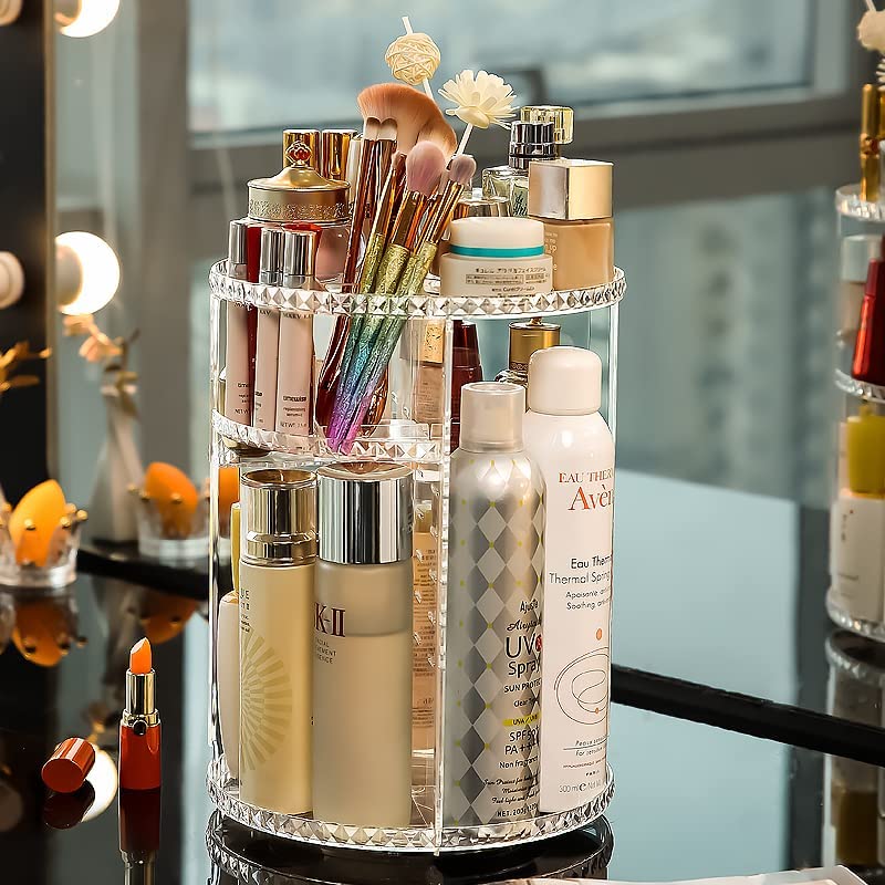 Organizator de produse cosmetice si ingrijire personala, rotativ 360 de grade, din material rezistent, transparent