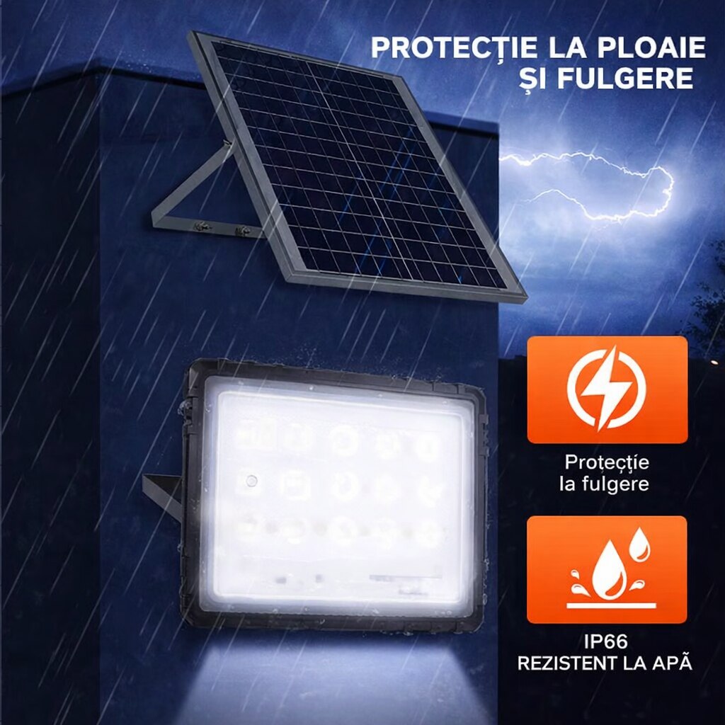 Proiector Solar LED JORTAN 1000W Exterior, 15 LED-uri SMD, Lumina Alb Rece Puternica, IP66 Rezistent la Apa si Praf, Panou Solar Separat, Telecomanda, Autonomie Mare, Iluminare Curte, Gradina, Parcare, Drumuri, Spatii Comerciale