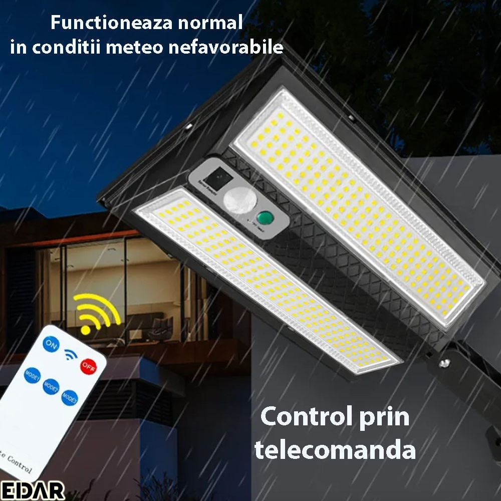 Lampa Solara EDAR Pentru Exterior Cu Montare Pe Perete, Panou Solar Incorporat, Control Telecomanda, 3 Moduri De Lumina, Grad Protectie IP65, Rezistenta La Apa, 270 Led, Negru