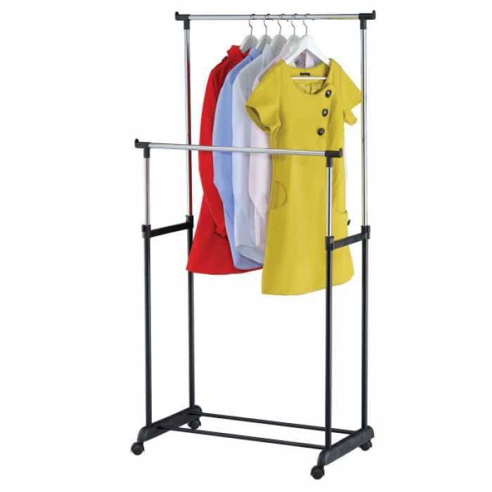 Suport dublu pe roti, pentru haine, extensibil, mobil, cu piese din metal, maxim 30 kg