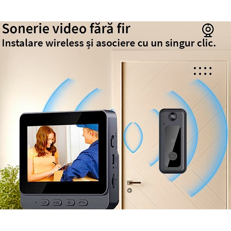 Sonerie video inteligenta bluetooth 72DESI, Ecran IPS 4.3 inch, Night Vision Infrarosu, Senzor IR, Interfon Video HD, 8MP, Comunicare bidirectionala, Unghi de vizualizare 170°, Baterii incorporate, Instalare usoara fara cabluri, Negru