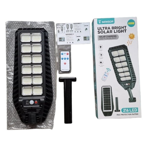 Lampa stradala solara LED 400W, 216 LED-uri, cu senzor de miscare si telecomanda, IP65, incarcare solara, lumina alb rece