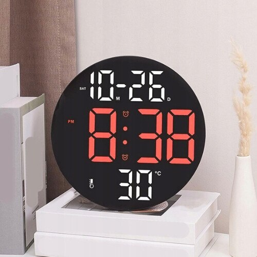 Ceas digital LED modern cu alarma, 25,5x25,5x3cm, rosu cu cifre, set cu telecomanda
