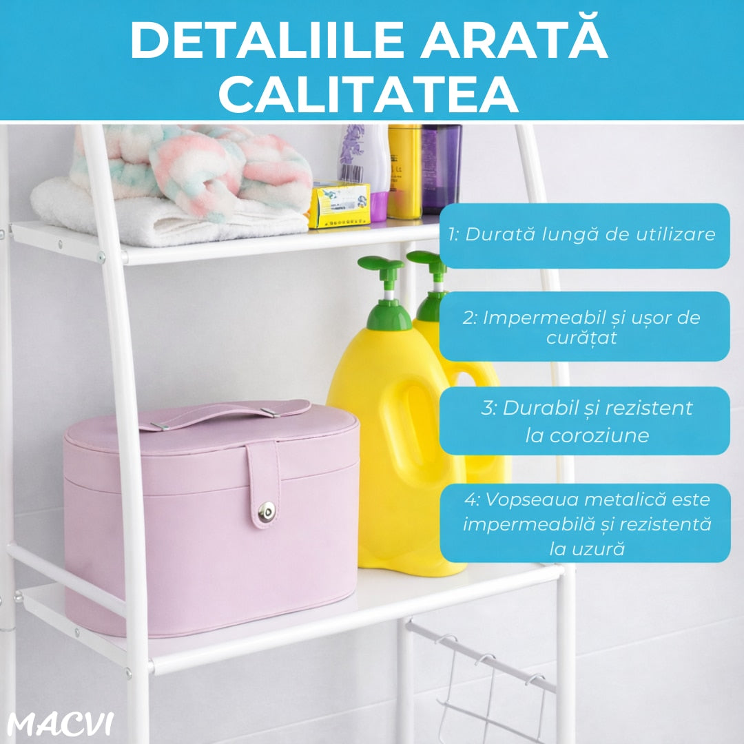 Organizator Baie Macvi® pentru Masina de Spalat si Toaleta, 3 Rafturi Depozitare, Suport Hartie Igienica si Prosoape, Inaltime 160 cm, Metal Vopsit, Alb, Etajera Multifunctionala Economisire Spatiu