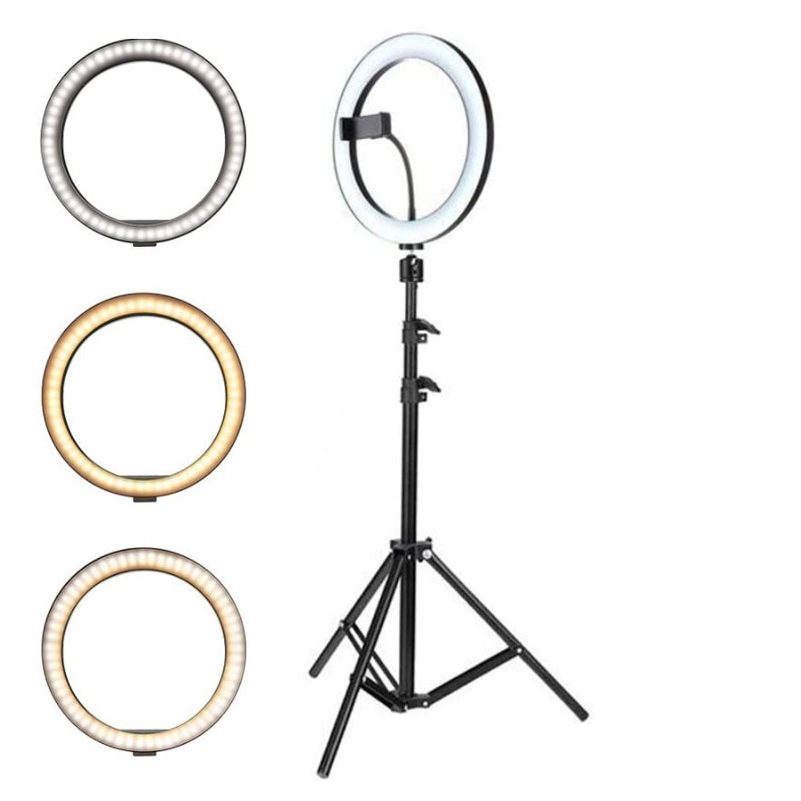 Lampa circulara Ring Light, diametru 20cm/8inch LED, lumina naturala/rece/calda, conectare USB, reglaj intensitate, suport telefon, trepied 210 cm inclus