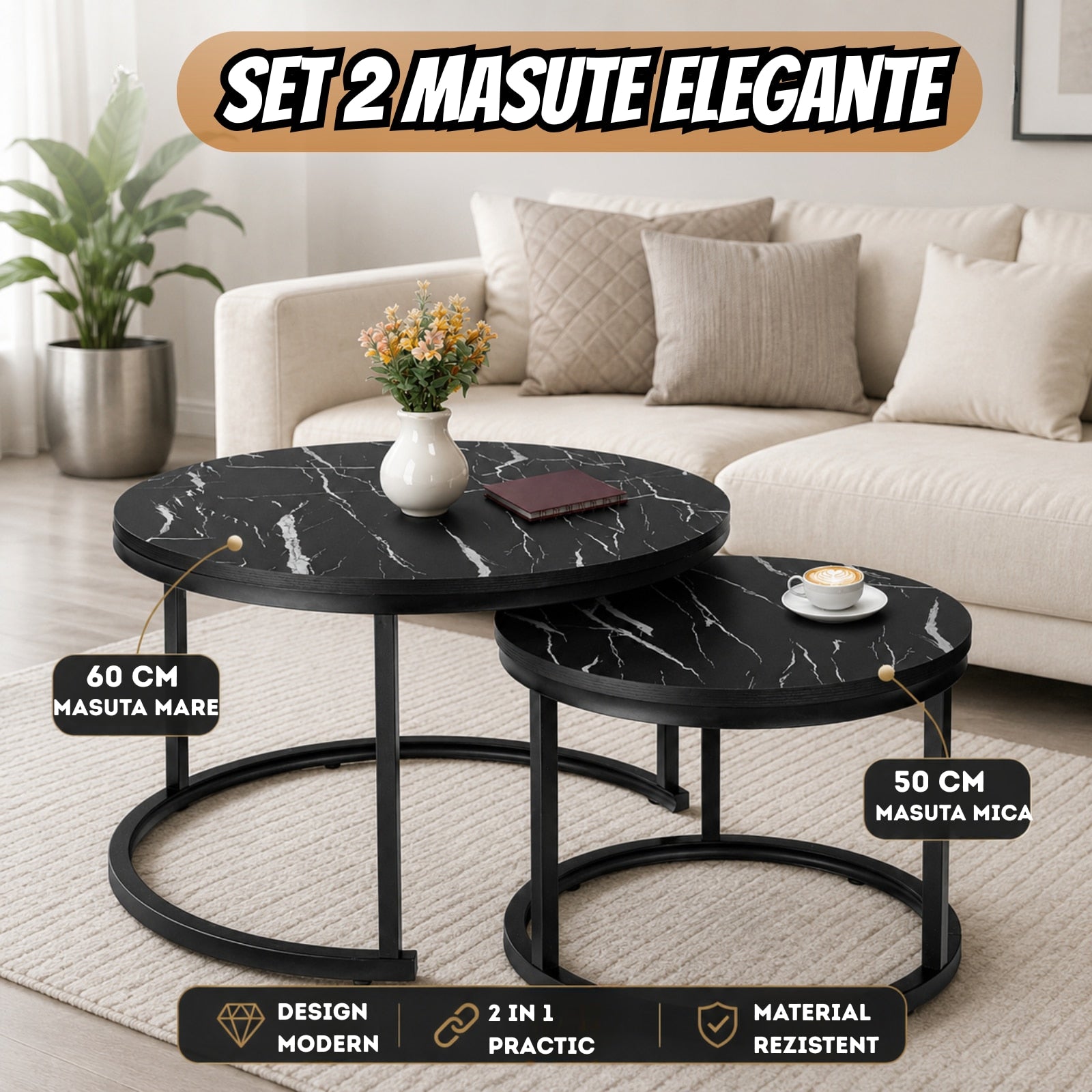 Set 2 Masute Cafea Rotunde Infiniteea™, 2 in 1, Blat PAL Laminat Efect Marmura Neagra, Cadru Metalic, Masa Mare 70x70x47 cm, Masa Mica 50x50x39.5 cm, Design Modern, Ideal pentru Living, Negru