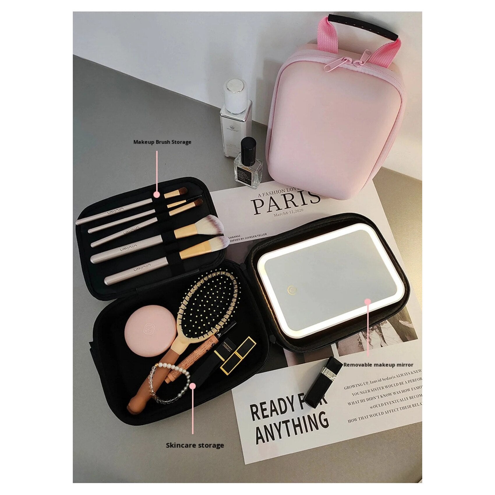 Geanta pentru Cosmetice cu Oglinda LED, Portabila, Calatorii, Material Premium, Roz