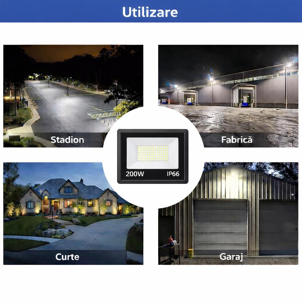 Proiector LED 200W Exterior,126 LED-uri, Lumina Rece Intensa, Carcasa Aluminiu + Sticla, 10000 Lumeni, IP66 Rezistent la Apa si Praf, Alimentare 220V, Curte, Garaj, Parcare, Iluminare Profesionala