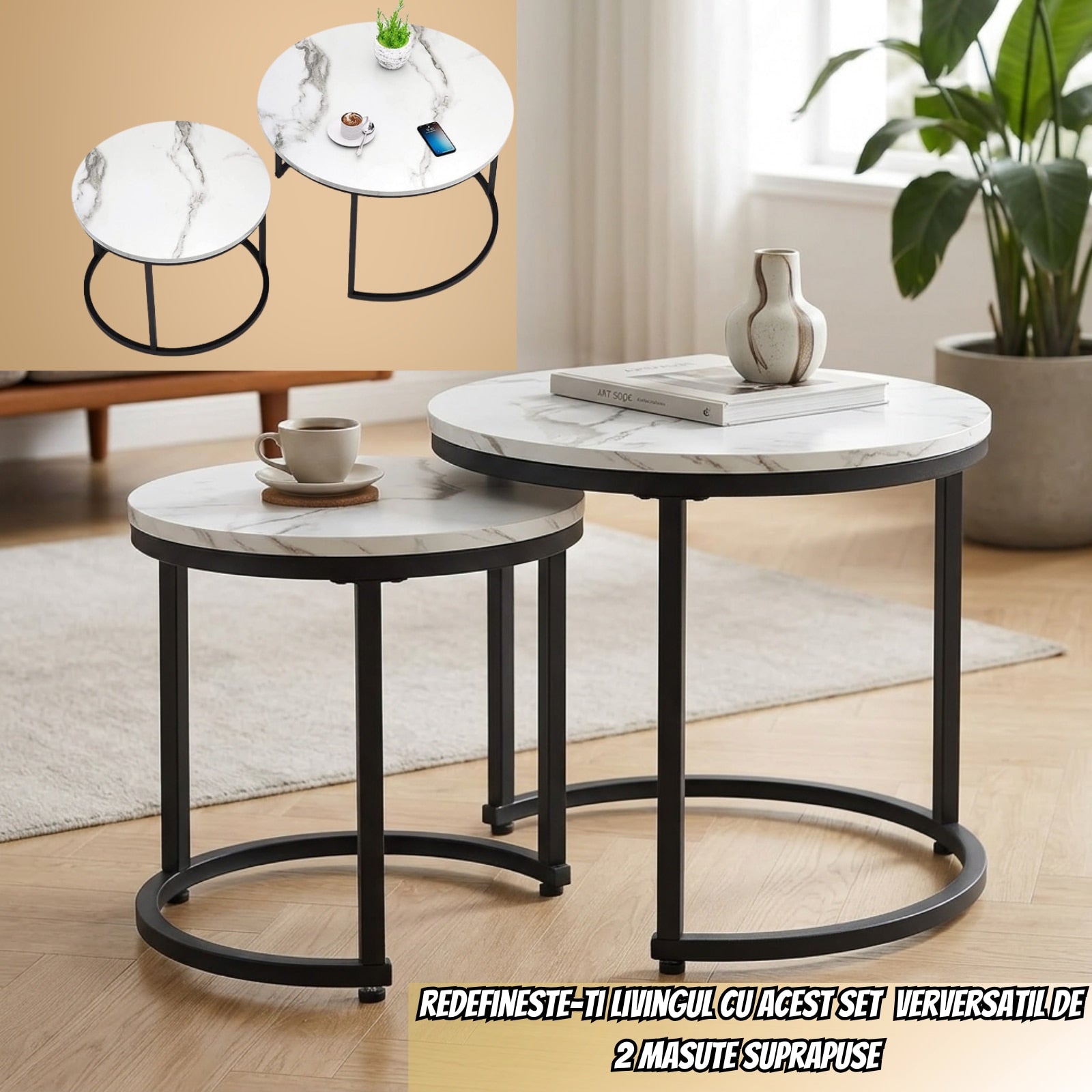 Set 2 Mese Cafea Nesting Premium Infiniteea™️, Living/Office, Design Rotund Elegant, Blat MDF, Aspect Marmura Alba, Structura Metalica Neagra, Stil Modern Rafinat, Economisire Spatiu, Mese suprapuse Alb/Negru, Diametru 50/50cm si 70/70