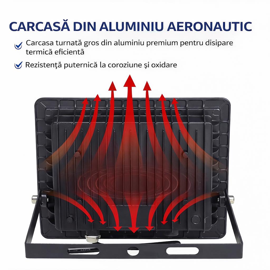 Proiector LED 200W Exterior,126 LED-uri, Lumina Rece Intensa, Carcasa Aluminiu + Sticla, 10000 Lumeni, IP66 Rezistent la Apa si Praf, Alimentare 220V, Curte, Garaj, Parcare, Iluminare Profesionala