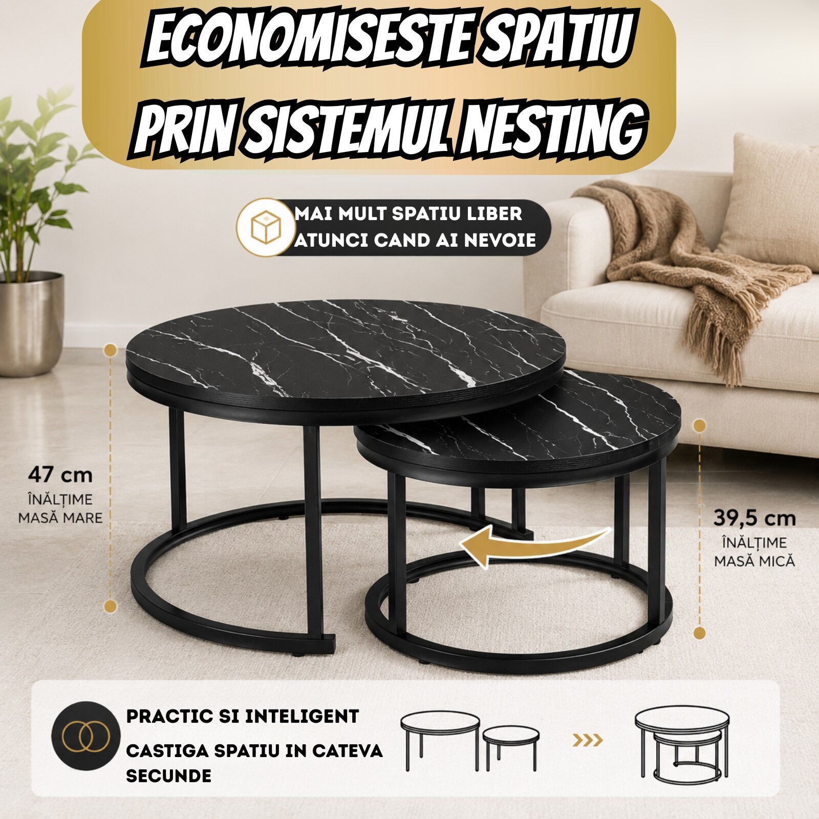 Set 2 Masute Cafea Rotunde Infiniteea™, 2 in 1, Blat PAL Laminat Efect Marmura Neagra, Cadru Metalic, Masa Mare 70x70x47 cm, Masa Mica 50x50x39.5 cm, Design Modern, Ideal pentru Living, Negru