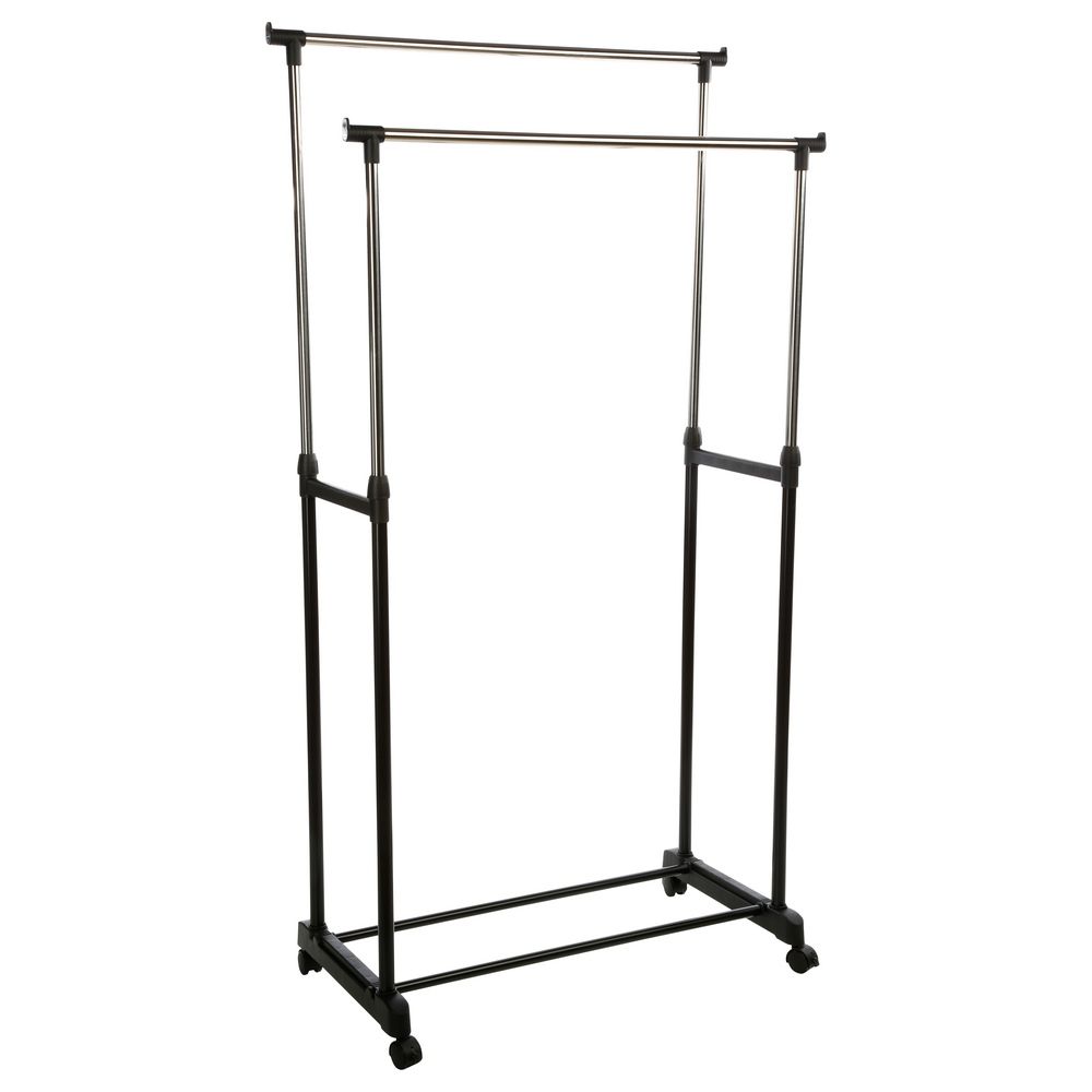 Suport dublu pe roti, pentru haine, extensibil, mobil, cu piese din metal, maxim 30 kg