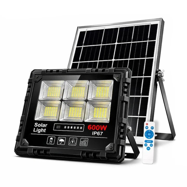 Proiector LED Solar, Putere 600W, Autonomie 12h, Kit Complet cu Panou Fotovoltaic si Telecomanda, Rezistent la Apa IP66/IP67, Lumina Alb Rece 6500K, Functie Automat/Amurg, Exterior