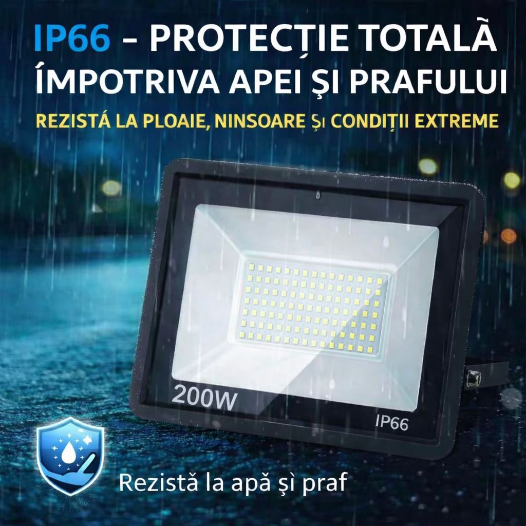 Proiector LED 200W Exterior,126 LED-uri, Lumina Rece Intensa, Carcasa Aluminiu + Sticla, 10000 Lumeni, IP66 Rezistent la Apa si Praf, Alimentare 220V, Curte, Garaj, Parcare, Iluminare Profesionala