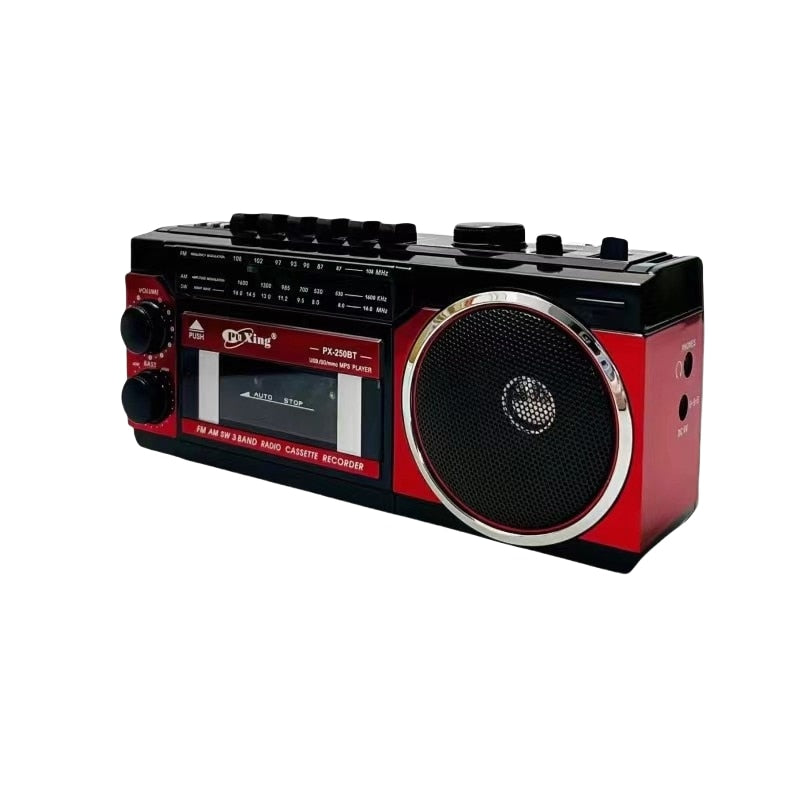 Radio portabil, Bluetooth, banda completa, FM/AM/SW, 110V/60Hz-220V/50Hz, card SD, USB, interfata audio de 3,5 mm, putere mare, buton multifunctional, suport redare caseta, raport semnal-zgomot 30dB, calitate sunet HD, stil retro, rosu
