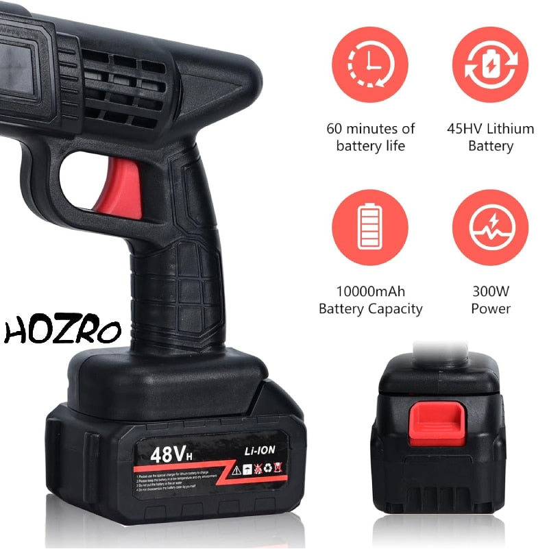 Pistol de Spalat cu Presiune fara Fir HOZRO, 48Vf, cu 2 Acumulatori, 30 Bari, 3 Moduri de Pulverizare, Duze Intersanjabile, Filtru de Apa, Recipient pentru Spuma, Ideal pentru Auto si Curte, Negru