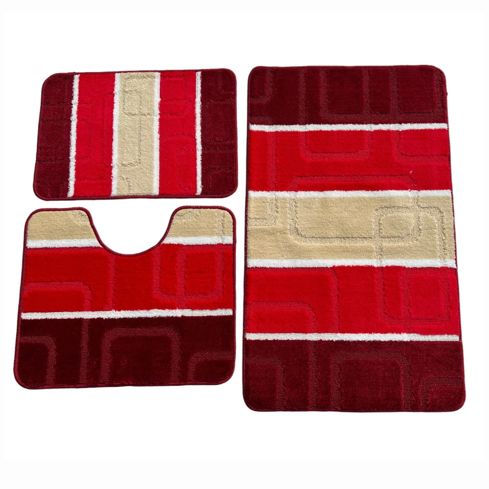 Set covoras de baie 3 piese, polipropilena, 100x60, 60x50, 40x60, Rosu Multicolor