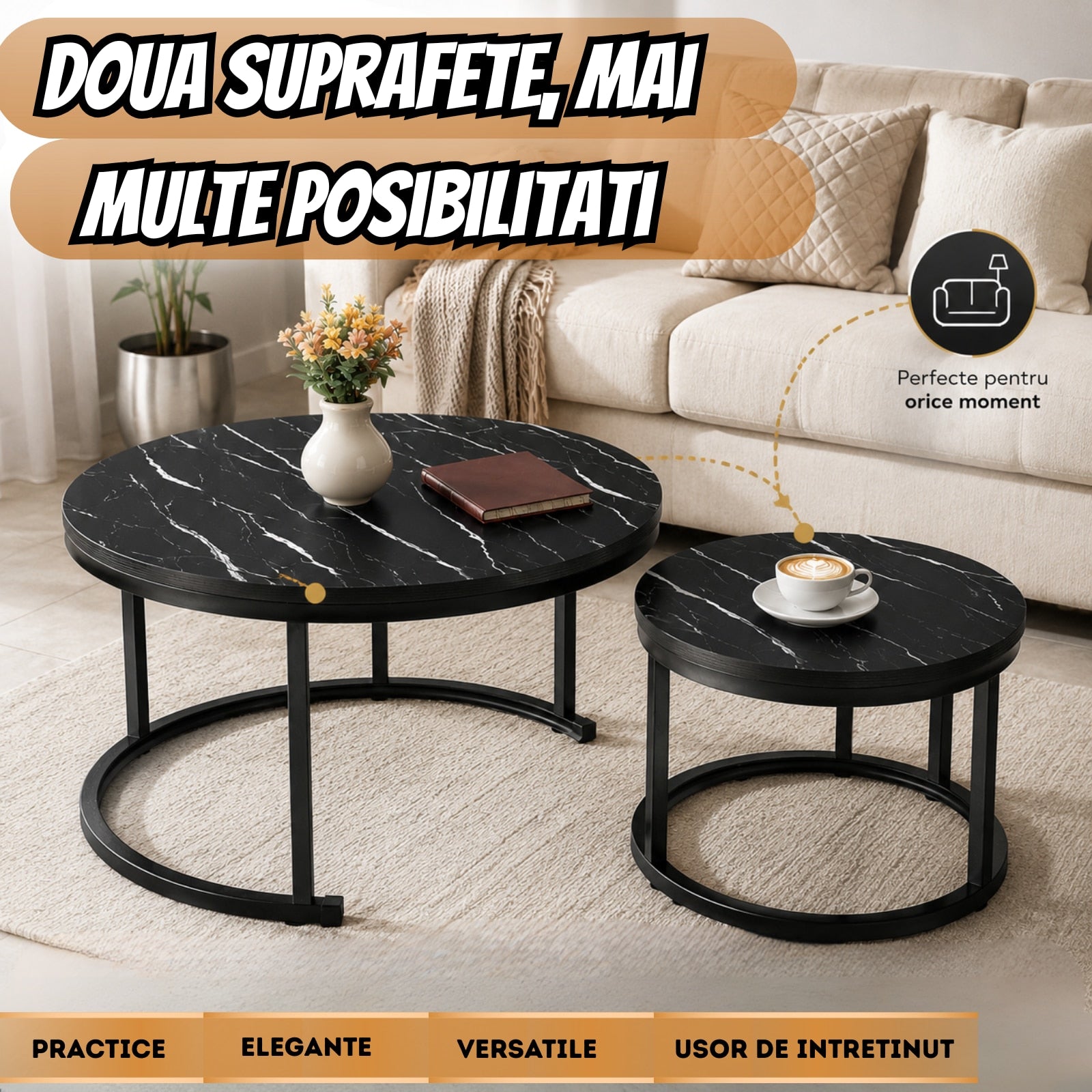 Set 2 Masute Cafea Rotunde Infiniteea™, 2 in 1, Blat PAL Laminat Efect Marmura Neagra, Cadru Metalic, Masa Mare 70x70x47 cm, Masa Mica 50x50x39.5 cm, Design Modern, Ideal pentru Living, Negru