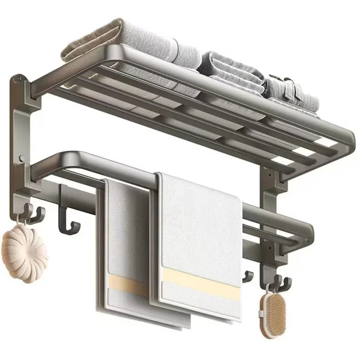 Suport Prosoape Baie Vivendo Pliabil Aluminiu 2 Niveluri Polita Carlige 60cm Gri Montaj Dual