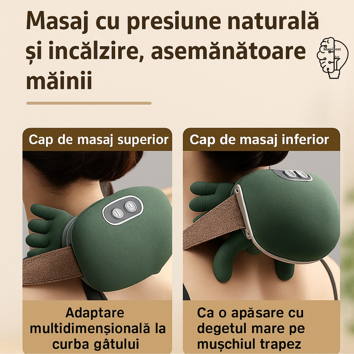 Aparat masaj cervical gat si umeri 4D cu incalzire, ManifestAct profesional, fara fir, masaj ce imita mana umana, 3 moduri, cu autonomie mare la baterie pentru relaxare si dureri musculare perfect pentru un cadou pentru cei dragi GARANTIE 5 ANI