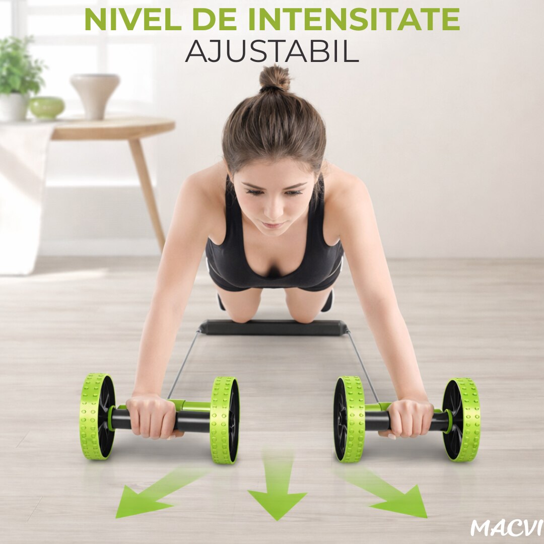 Aparat fitness Macvi® cu role duble si corzi elastice, pentru abdomene, spate, brate si picioare, cu baza antiderapanta