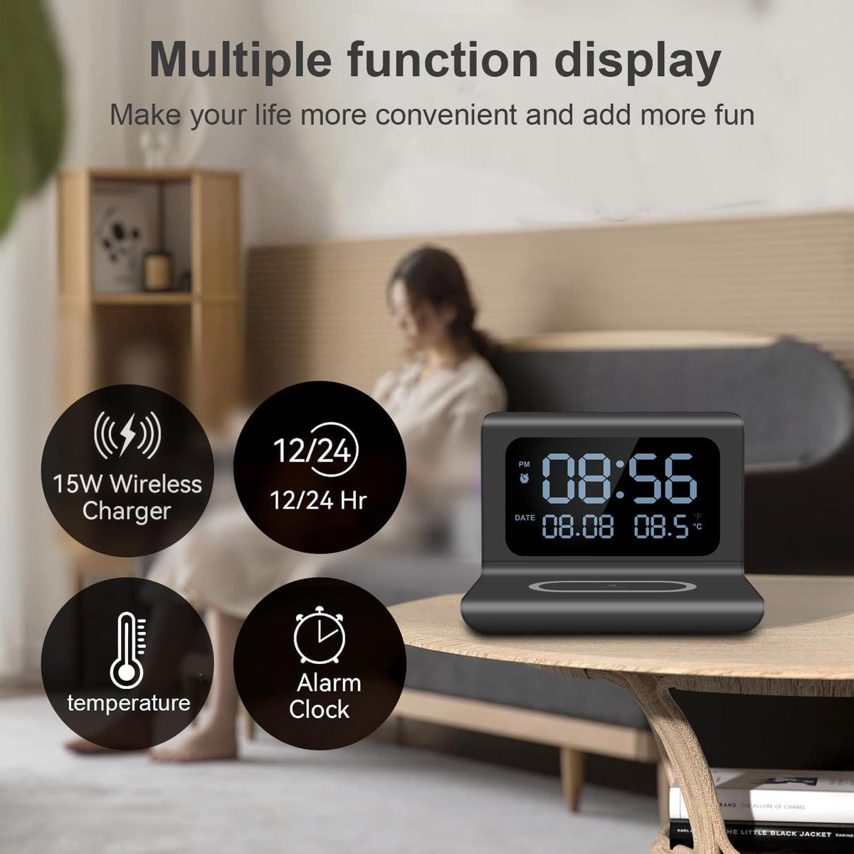 Ceas 3 in 1 Decorativ Digital Multifunctional, Bedee®, Ambele parti sunt detasabile, cu Alarma Electrica, Temperatura, Incarcare Wireless, Ecran mare de LED, incarcare rapida wireless de 15W, silentioasa, compatibila cu mai multe telefoane mobile