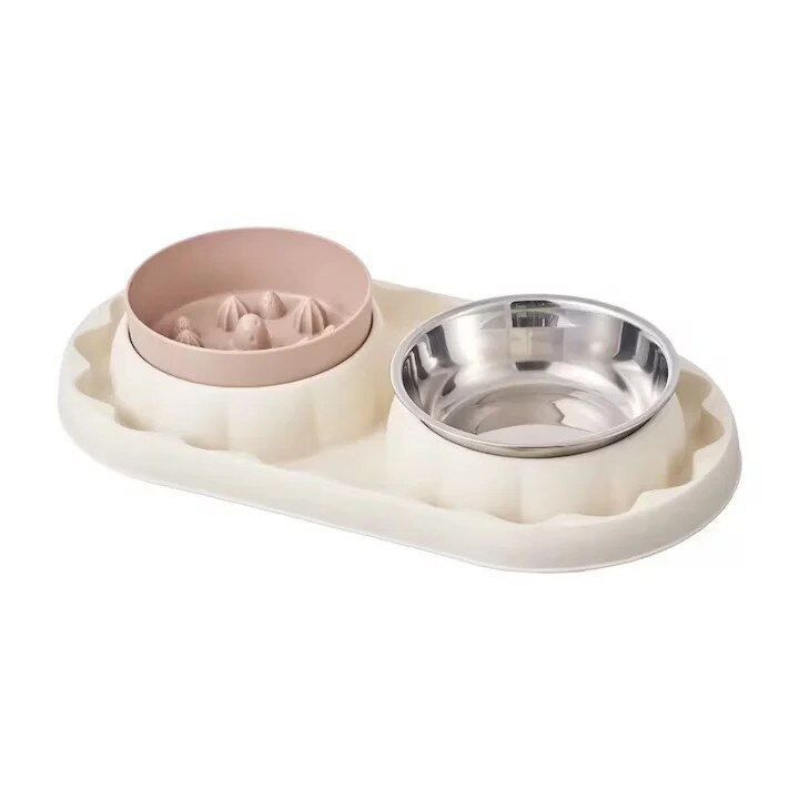 Castron cu alimentare lenta pentru caini, Castron dublu pentru hrana si apa, 36x19 cm, Crem