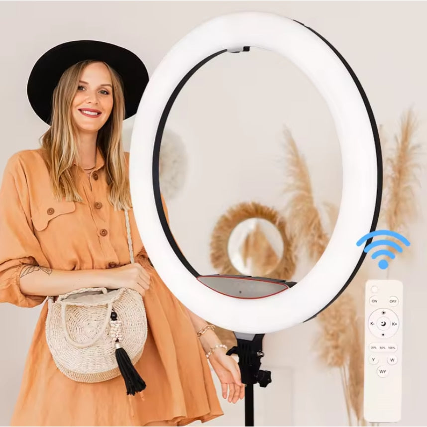 Cerc Luminos Ring Light LED 45cm/18inch, 3 moduri de lumina, 10 trepte reglaj, 3 suporti telefon, telecomanda selfie, trepied 210cm inclus
