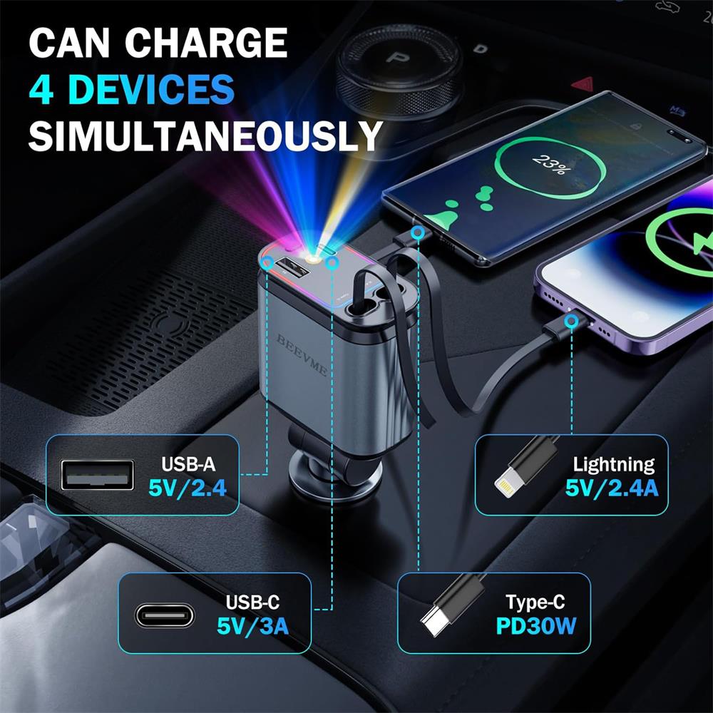 Incarcator auto 66W Fast Charge, cu cablu retractabil si proiector stelar, 3 in 1 cablu inclus, Type-C/Lightning/USB-A, compatibil Apple/Samsung/Huawei, BEEVME, Gri metalizat