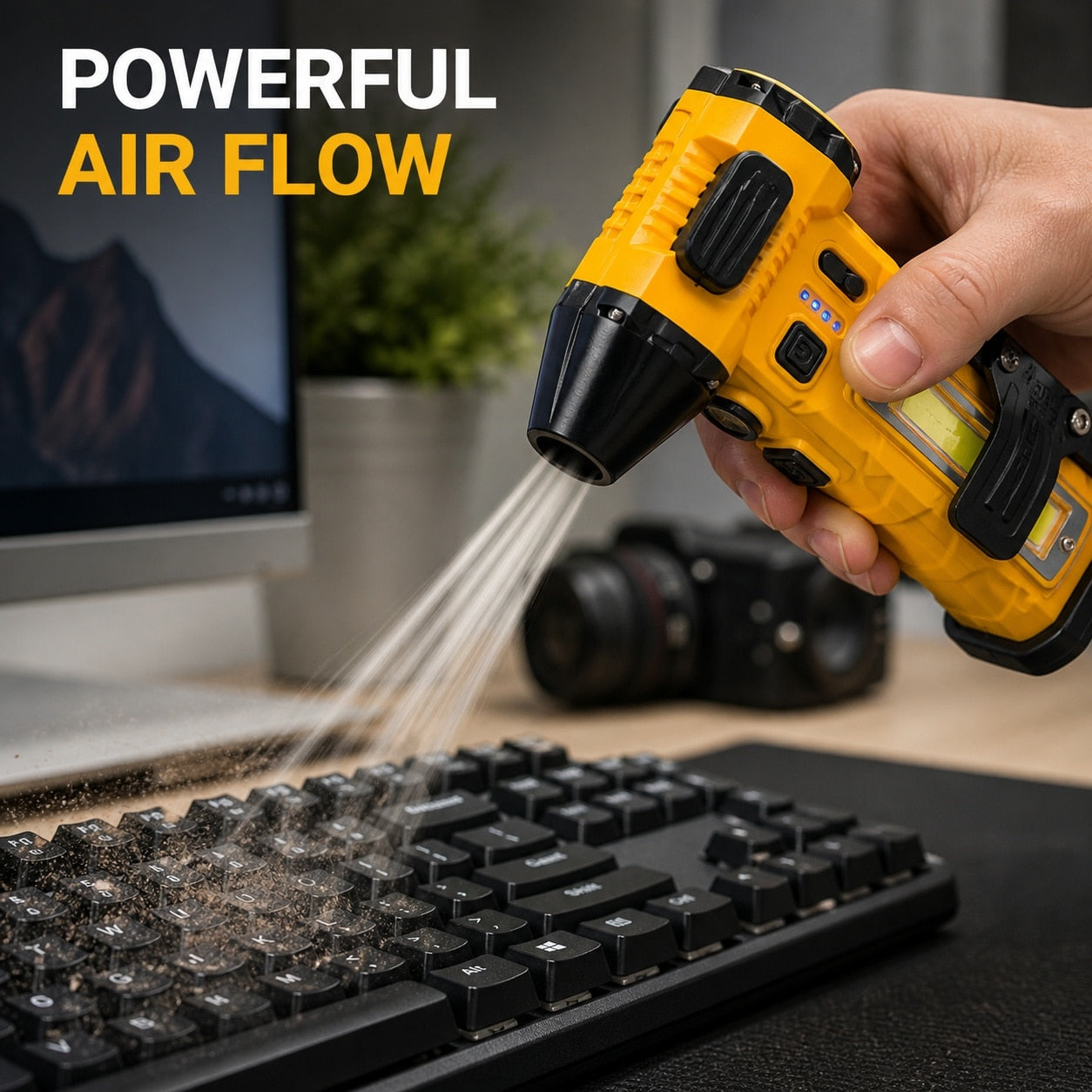 Suflanta Aer Comprimat Portabila 4 in 1 Pexor, Functie Aspirate, Turbo Fan 140000 RPM, 4 Trepte Putere, Baterie 8000 mAh, Incarcare USB-C, Motor Fara Perii, Galben-Negru