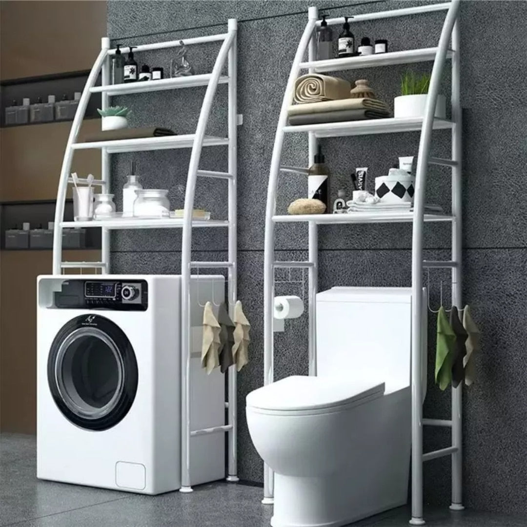 Organizator Baie Macvi® pentru Masina de Spalat si Toaleta, 3 Rafturi Depozitare, Suport Hartie Igienica si Prosoape, Inaltime 160 cm, Metal Vopsit, Alb, Etajera Multifunctionala Economisire Spatiu