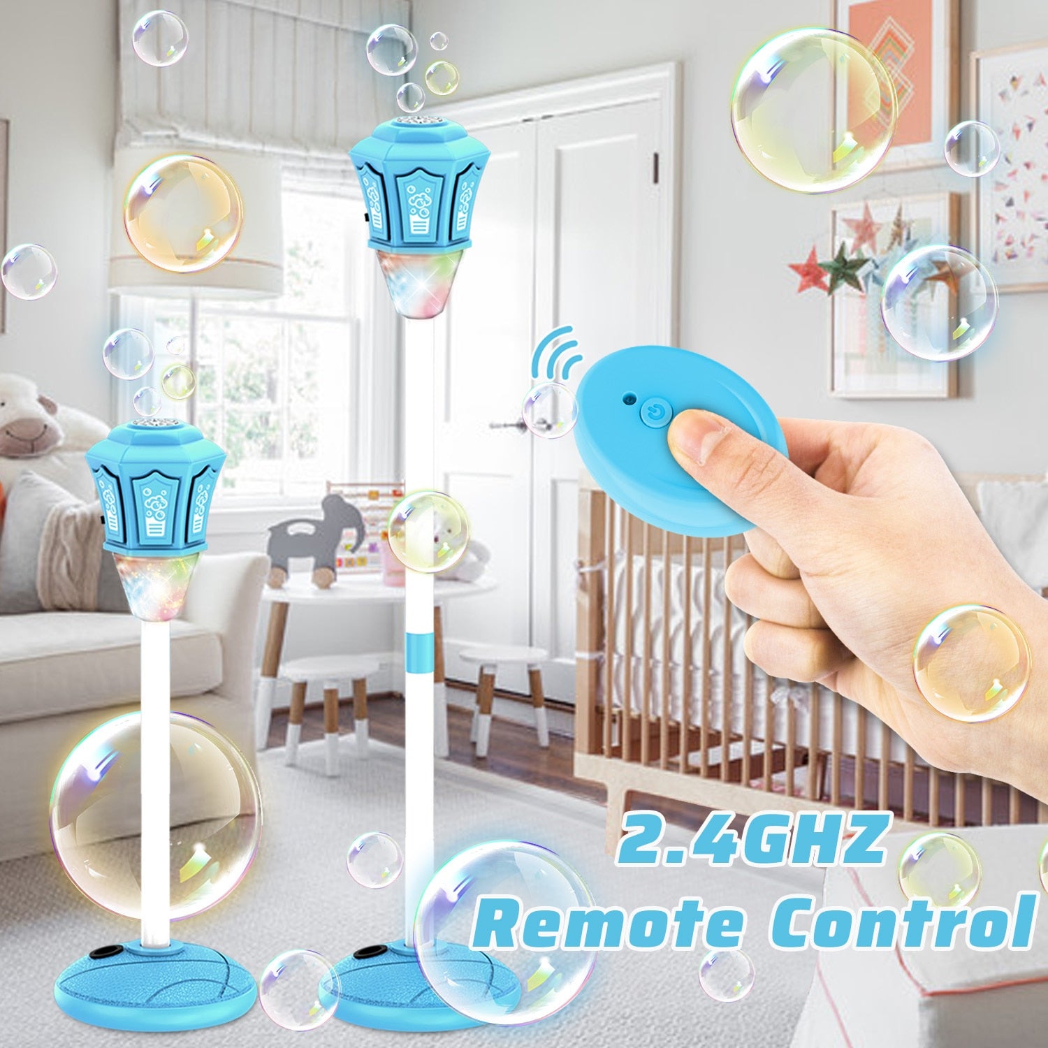Masina de baloane, muzica, lumini LED, telecomanda 2.4G, albastra, reglabila pe inaltime, jucarie interactiva