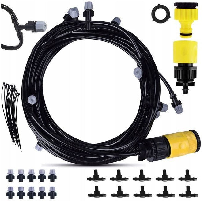 Kit Racire Terasa cu Ceata TLBShop – Sistem Pulverizare Fina cu Furtun de 10 m, Montaj pe Tavan, Debit 10 l/h, Ideal pentru Spatii Rezidentiale si Comerciale, Accesorii Incluse, Negru/Galben