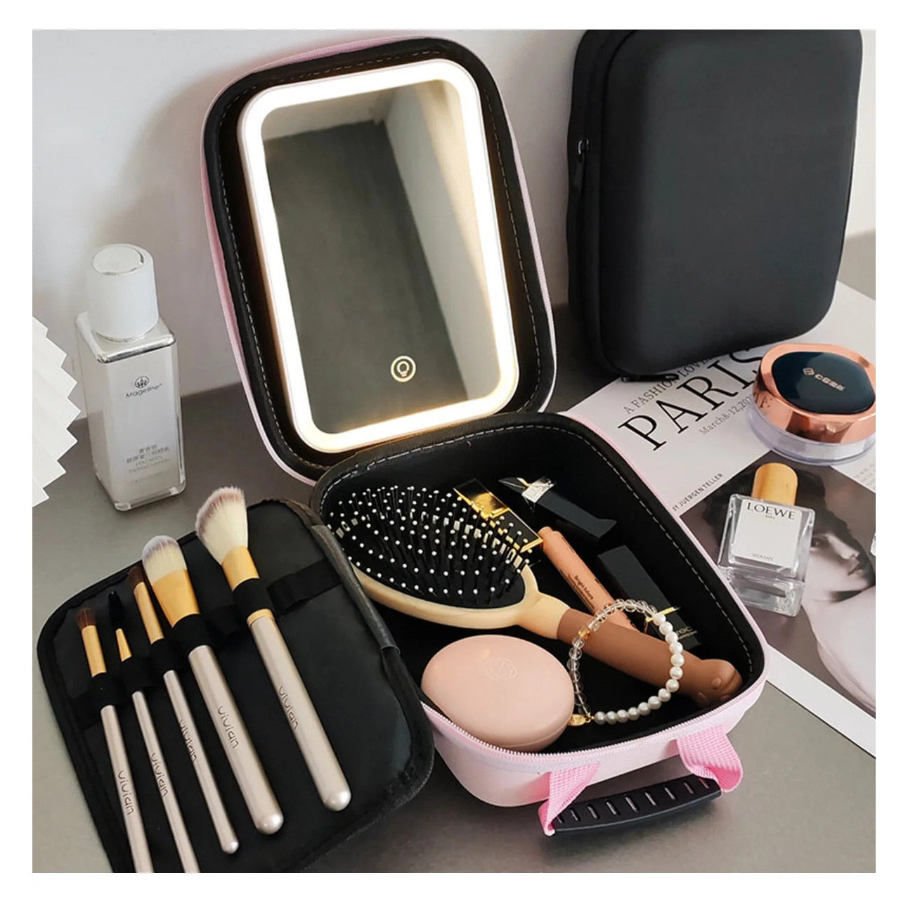 Geanta pentru Cosmetice cu Oglinda LED, Portabila, Calatorii, Material Premium, Roz