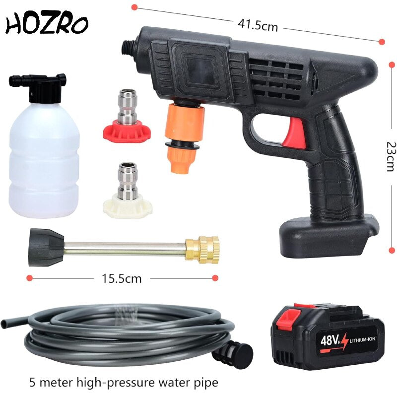 Pistol de Spalat cu Presiune fara Fir HOZRO, 48Vf, cu 2 Acumulatori, 30 Bari, 3 Moduri de Pulverizare, Duze Intersanjabile, Filtru de Apa, Recipient pentru Spuma, Ideal pentru Auto si Curte, Negru