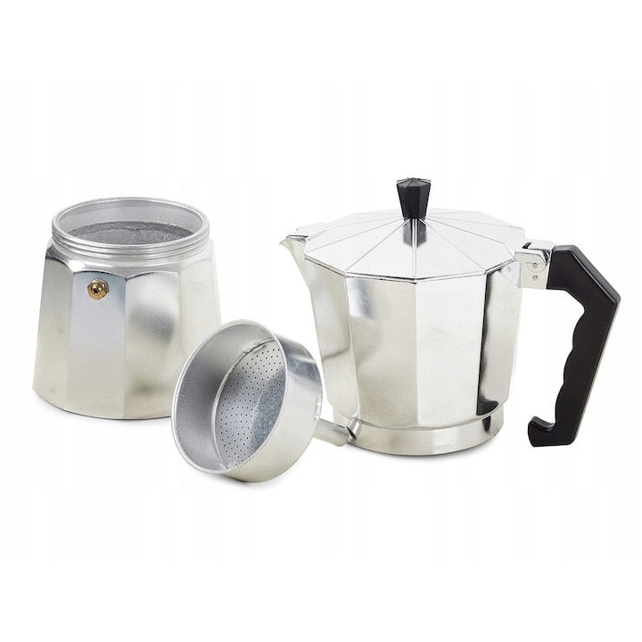 Cafetiera espresso Moka, pentru aragaz, din aluminiu, capacitate 6 cesti, Argintiu/Negru