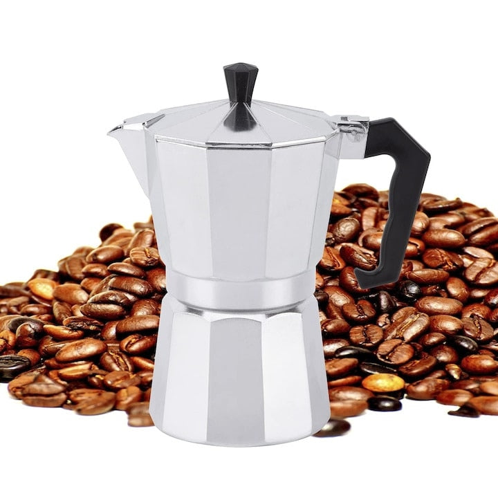 Cafetiera espresso Moka, pentru aragaz, din aluminiu, capacitate 6 cesti, Argintiu/Negru