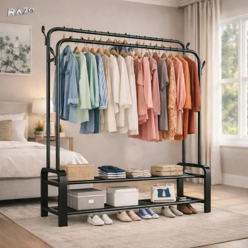 uport metalic dublu pentru haine RAZO, 2 bare, 2 rafturi, Capacitate 48 kg, 110x57x150 cm, Negru