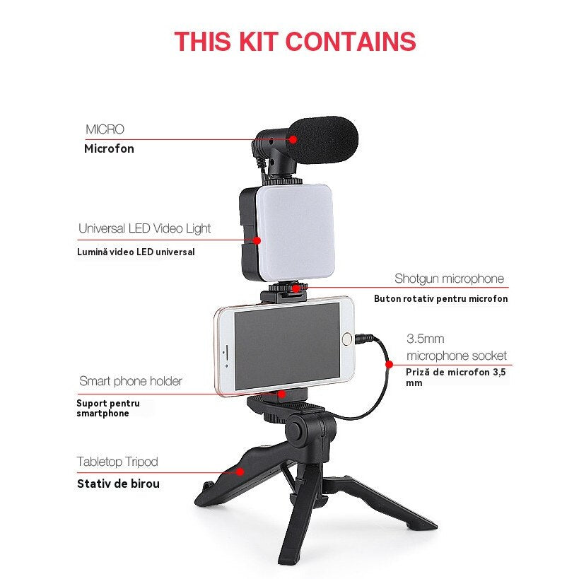 Kit de fotografiere de blog profesionist, ZOUN， Pentru videoclipuri Youtube, TikTok, LED-uri, microfon, control Bluetooth, tripod de pistol pliabil, compatibil cu camera / smartphone, universal, negru