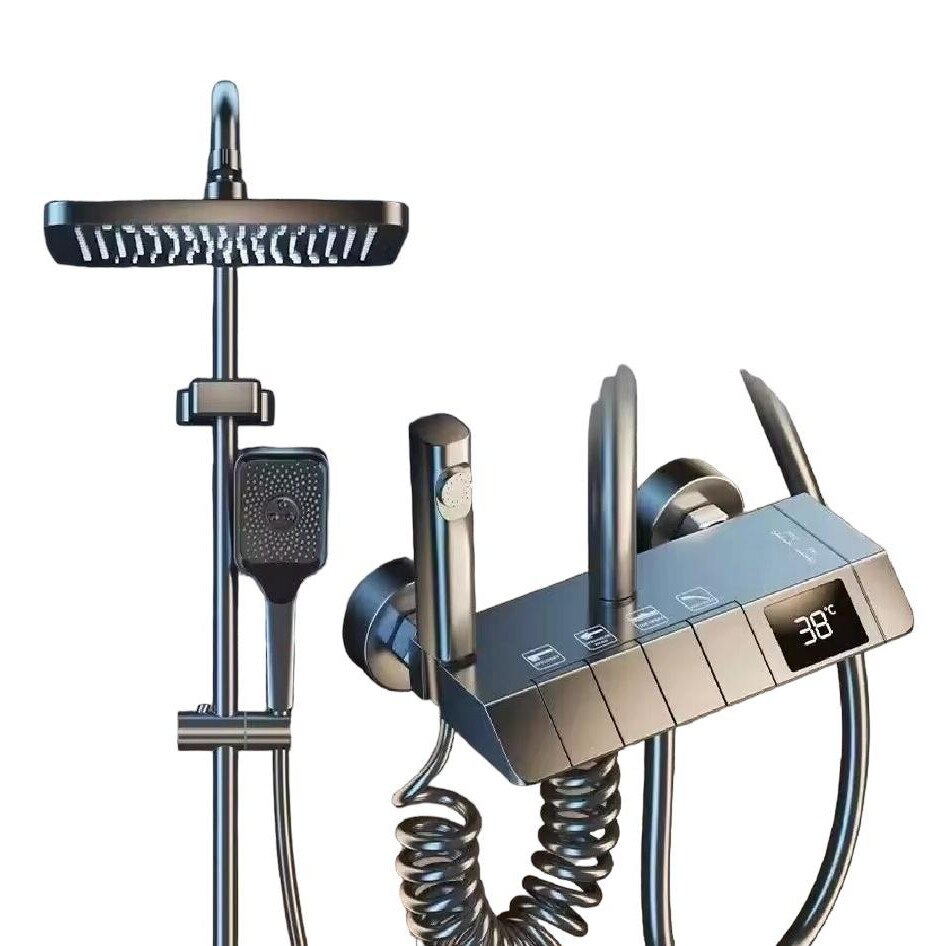 Coloana de dus completa, cu display temperatura apa fara conectare la reteaua electrica, butoane comenzi piano, gri-maroniu, AVI-4090