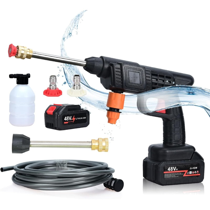 Pistol de Spalat cu Presiune fara Fir HOZRO, 48Vf, cu 2 Acumulatori, 30 Bari, 3 Moduri de Pulverizare, Duze Intersanjabile, Filtru de Apa, Recipient pentru Spuma, Ideal pentru Auto si Curte, Negru